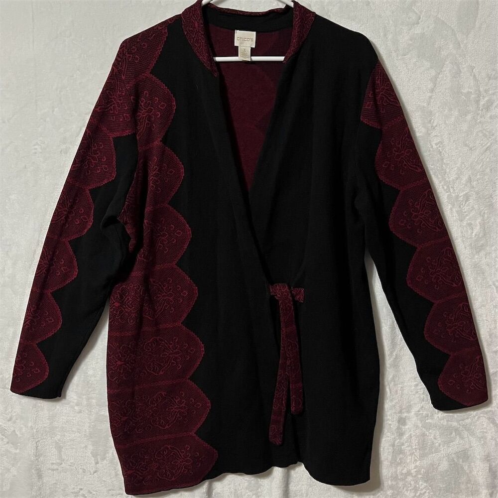 Chico's Women's Cardigan Sweater Size  (XL) Black & Red Knit Long Sleeve